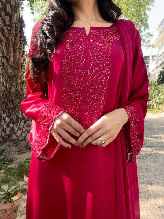 3pc Hand Embroidered Silk Suit- Barbie Girl