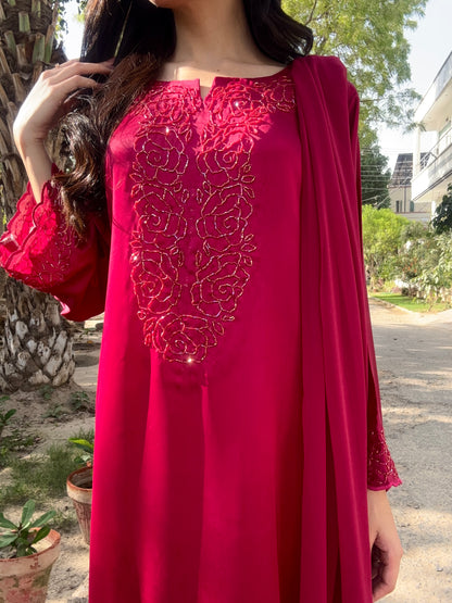 3pc Hand Embroidered Silk Suit- Barbie Girl