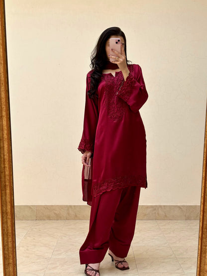 3pc Hand Embroidered Silk Suit- Maroon Diva