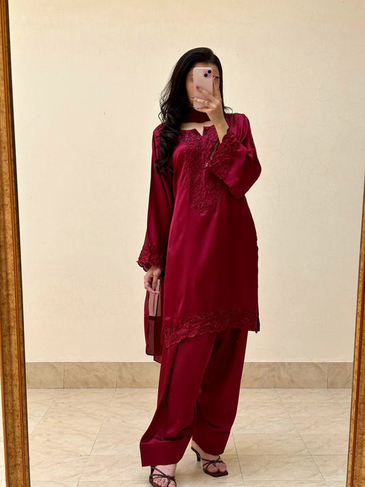 3pc Hand Embroidered Silk Suit- Maroon Diva