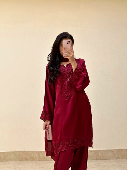 3pc Hand Embroidered Silk Suit- Maroon Diva