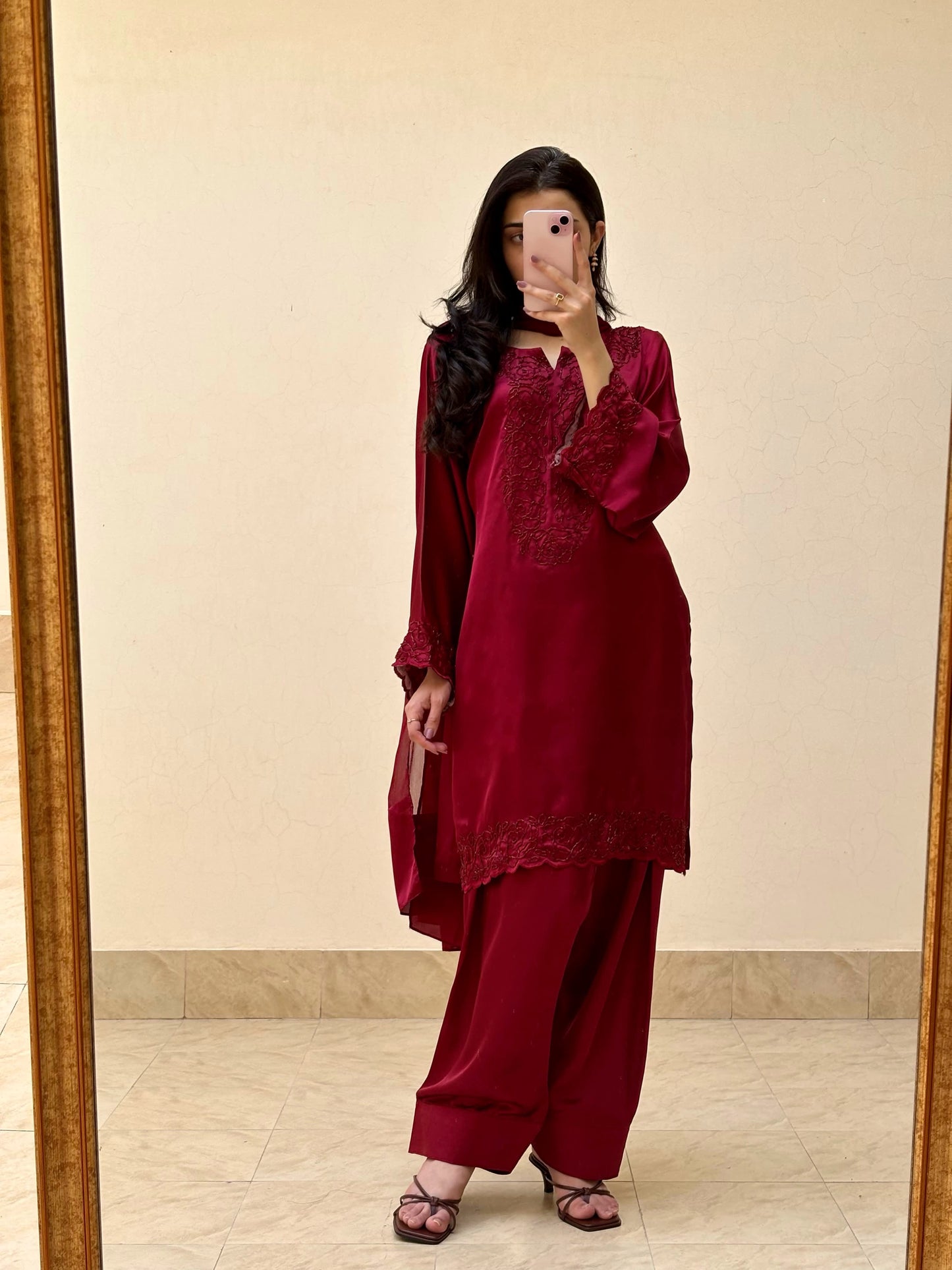 3pc Hand Embroidered Silk Suit- Maroon Diva