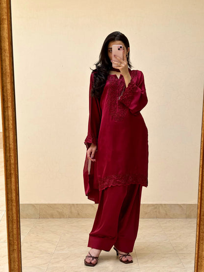 3pc Hand Embroidered Silk Suit- Maroon Diva