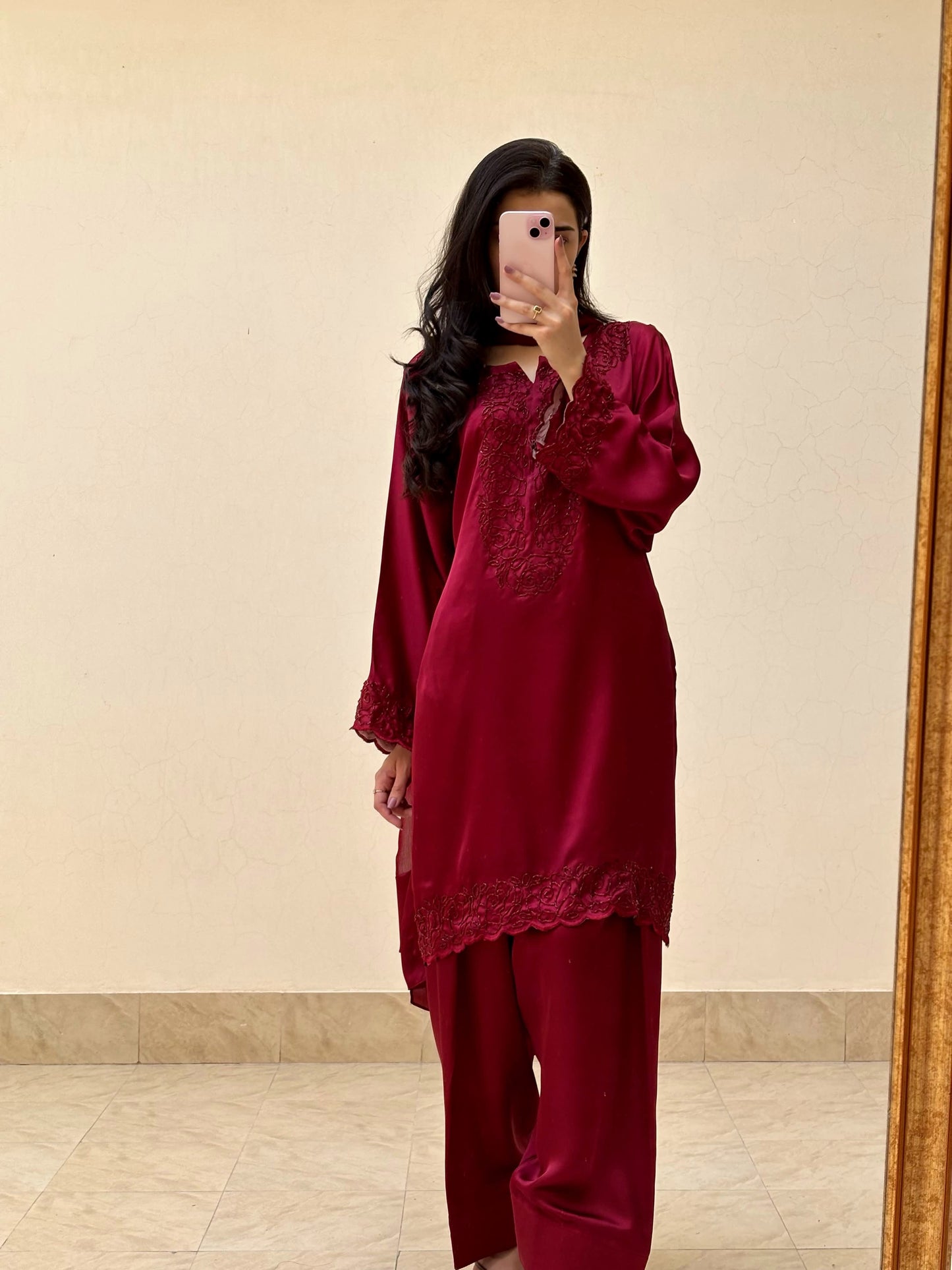 3pc Hand Embroidered Silk Suit- Maroon Diva