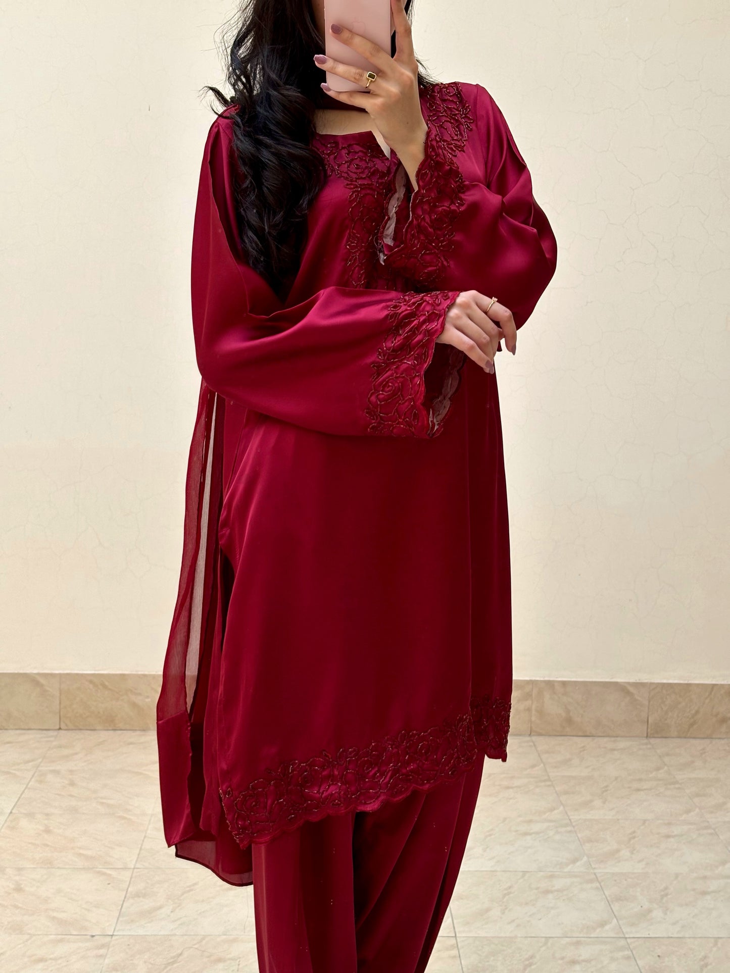 3pc Hand Embroidered Silk Suit- Maroon Diva