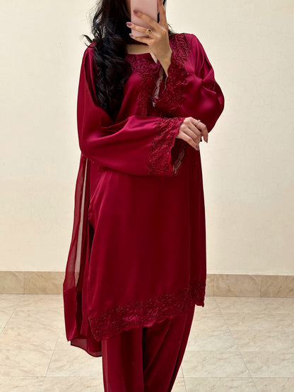 3pc Hand Embroidered Silk Suit- Maroon Diva