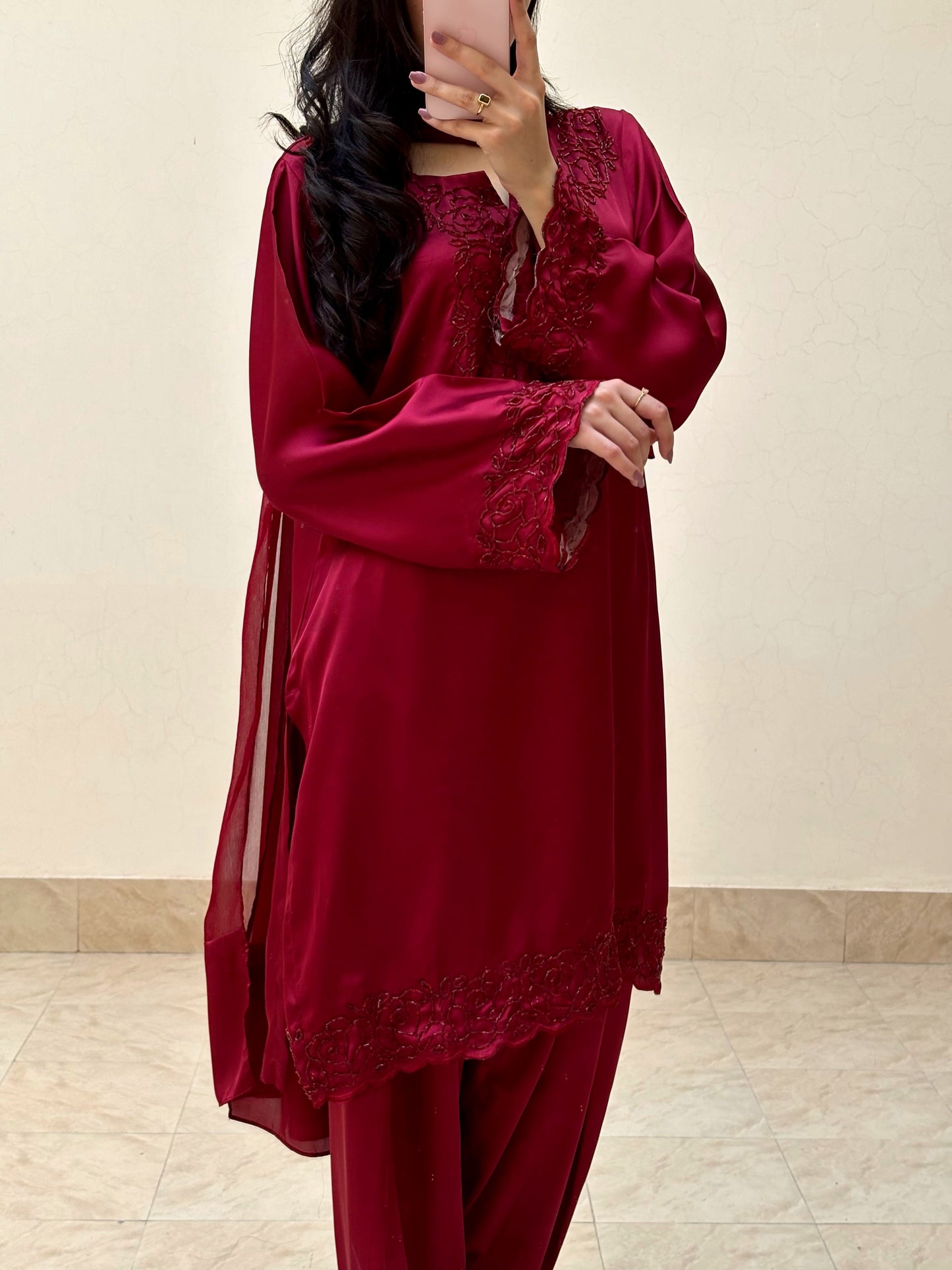 3pc Hand Embroidered Silk Suit- Maroon Diva