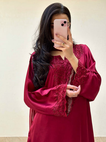 3pc Hand Embroidered Silk Suit- Maroon Diva