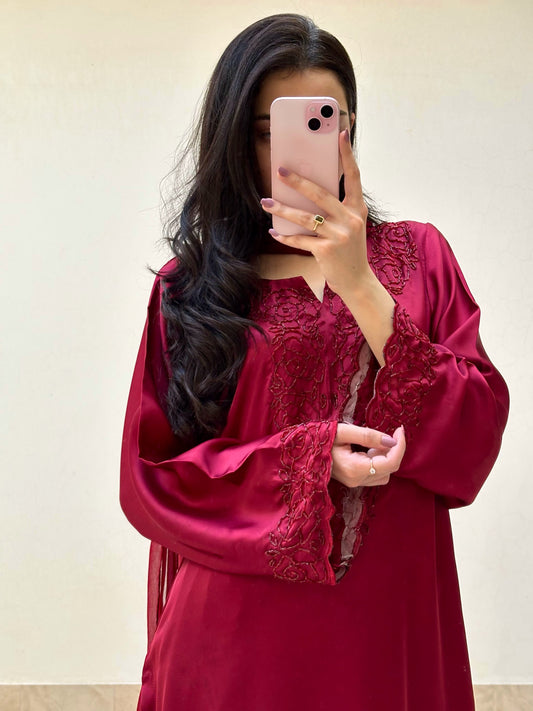 3pc Hand Embroidered Silk Suit- Maroon Diva