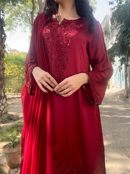 3pc Hand Embroidered Silk Suit- Maroon Diva