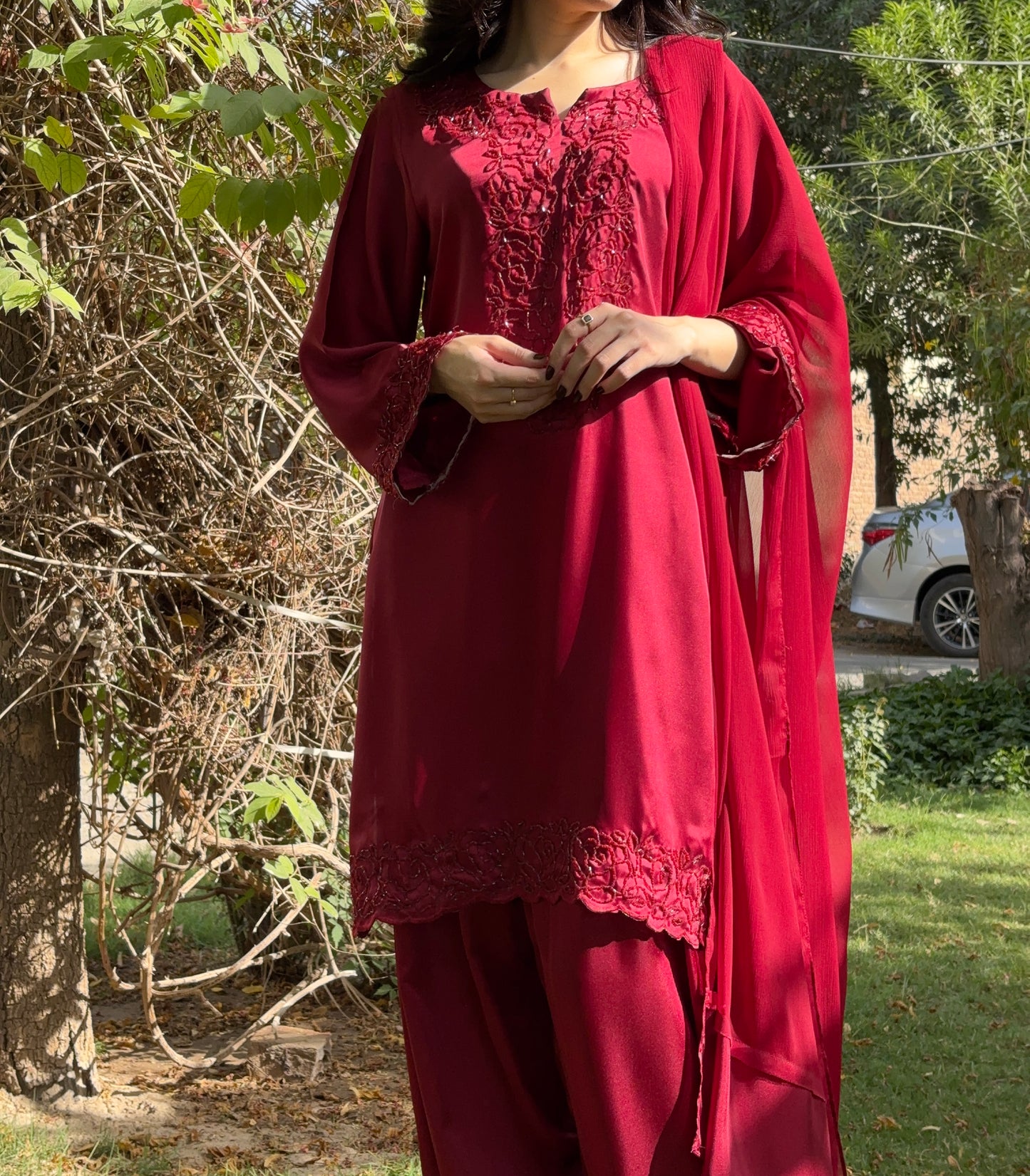 3pc Hand Embroidered Silk Suit- Maroon Diva