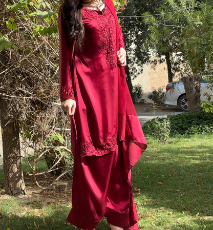 3pc Hand Embroidered Silk Suit- Maroon Diva