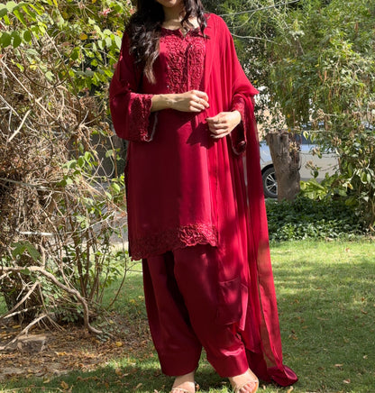 3pc Hand Embroidered Silk Suit- Maroon Diva