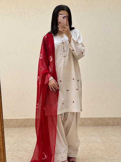 Lawn stitched 3 pc  Hand Embroidered suit- Phulkari