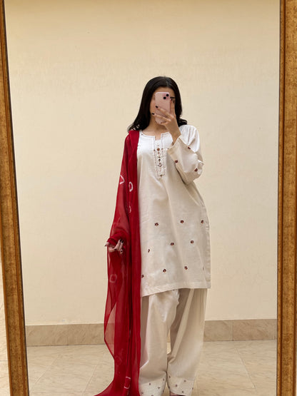 Lawn stitched 3 pc  Hand Embroidered suit- Phulkari