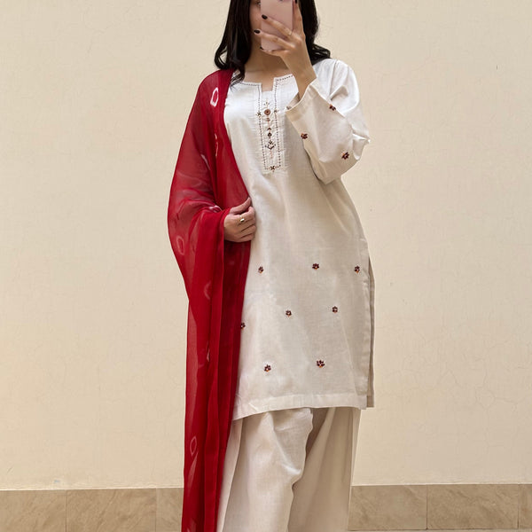 Lawn stitched 3 pc  Hand Embroidered suit- Phulkari