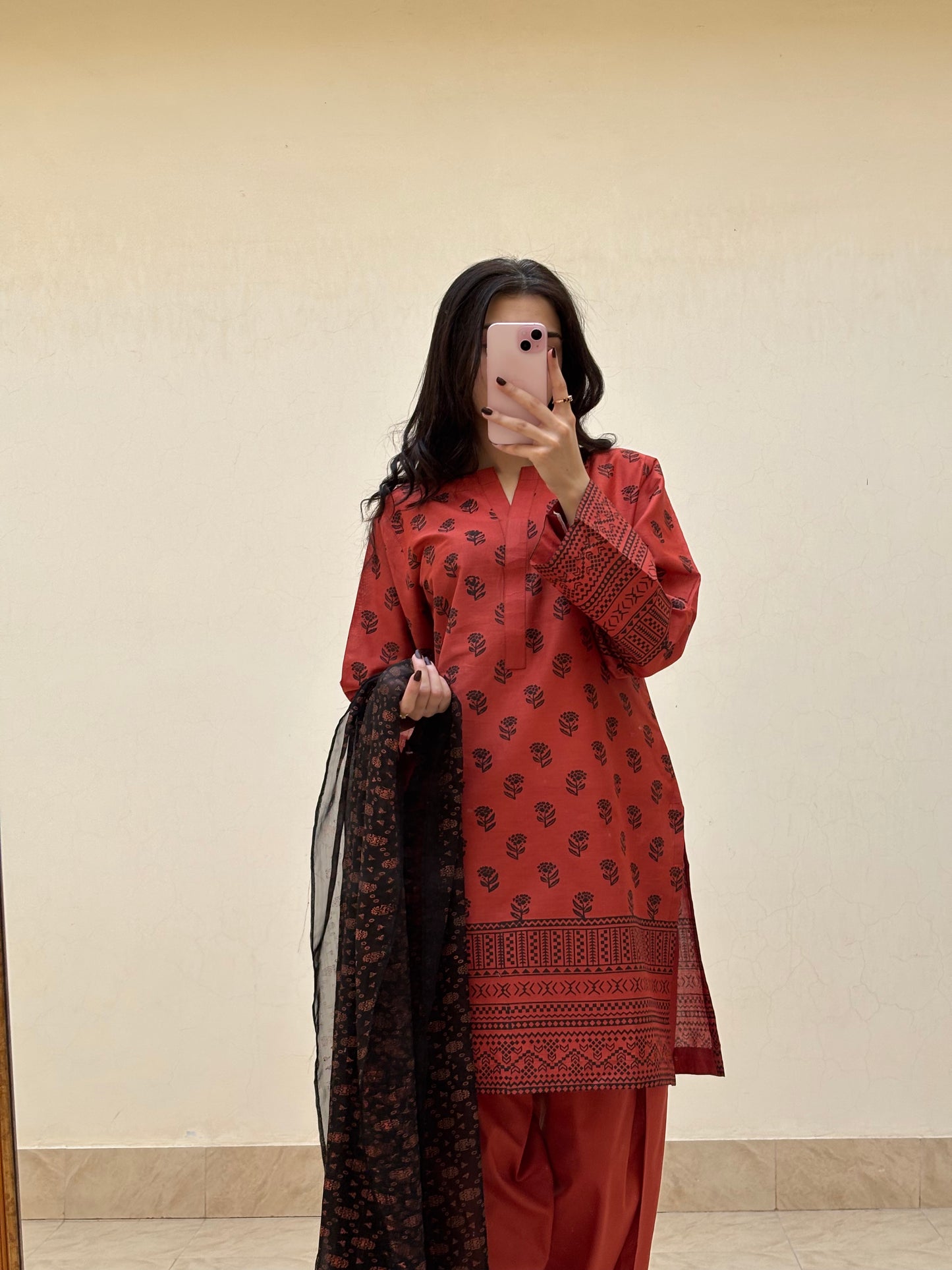 Lawn stitched 3 pc Block printed suit- Rusty