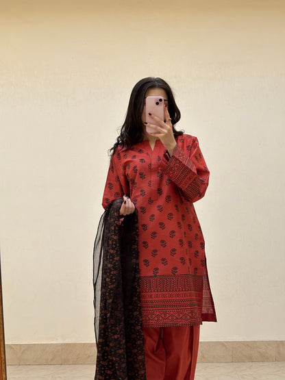 Lawn stitched 3 pc Block printed suit- Rusty