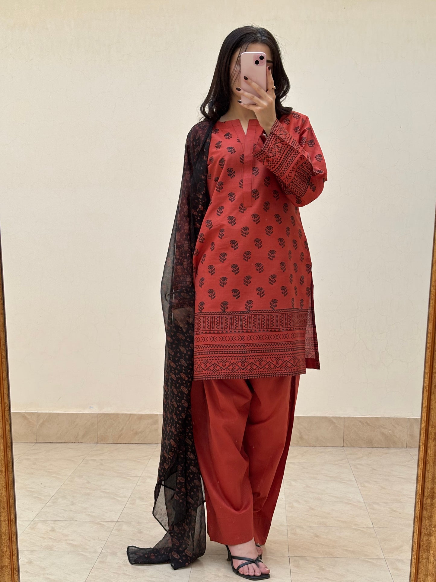 Lawn stitched 3 pc Block printed suit- Rusty