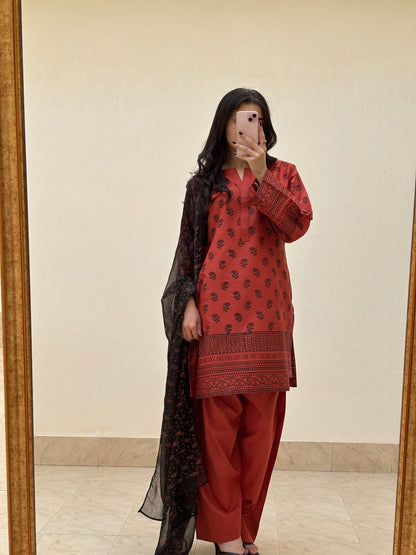 Lawn stitched 3 pc Block printed suit- Rusty