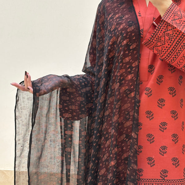 Lawn stitched 3 pc Block printed suit- Rusty