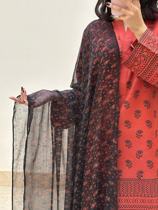 Lawn stitched 3 pc Block printed suit- Rusty
