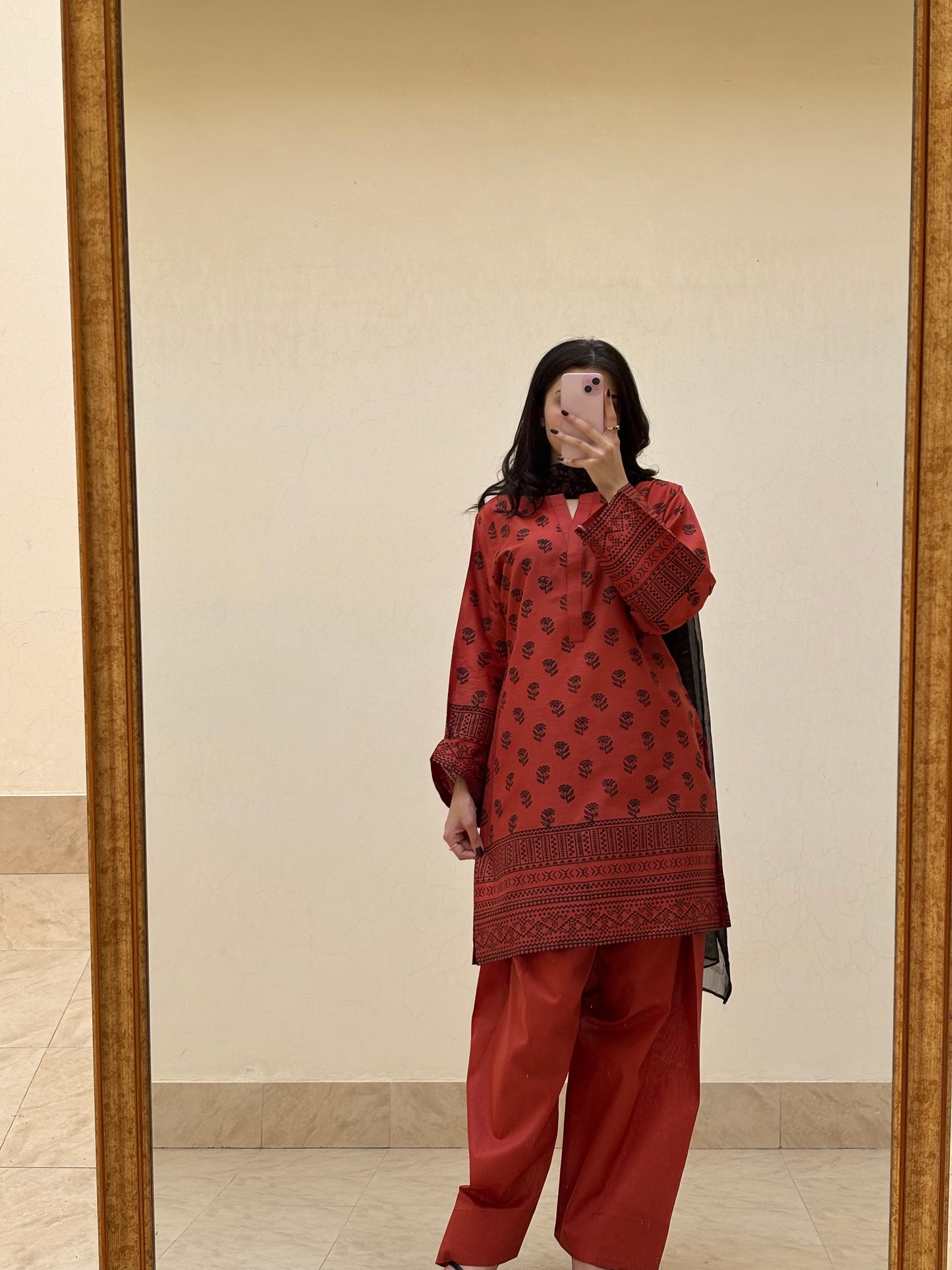 Lawn stitched 3 pc Block printed suit- Rusty