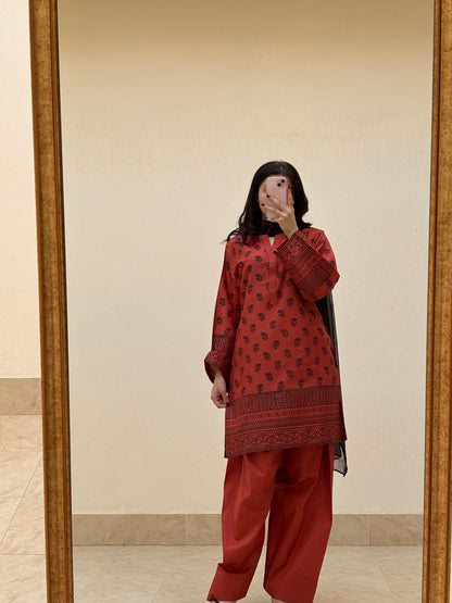Lawn stitched 3 pc Block printed suit- Rusty