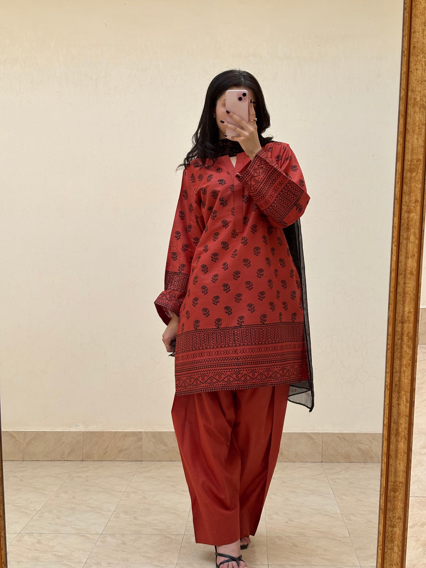 Lawn stitched 3 pc Block printed suit- Rusty