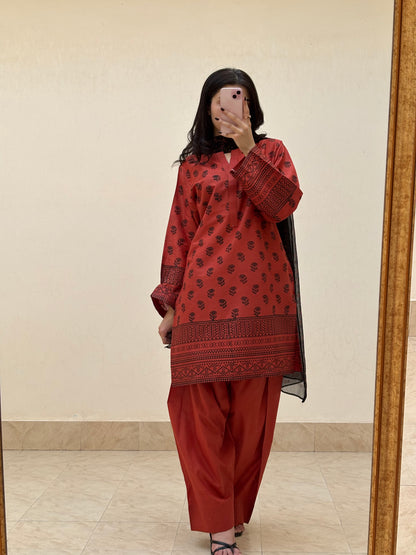 Lawn stitched 3 pc Block printed suit- Rusty