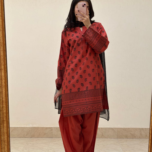 Lawn stitched 3 pc Block printed suit- Rusty