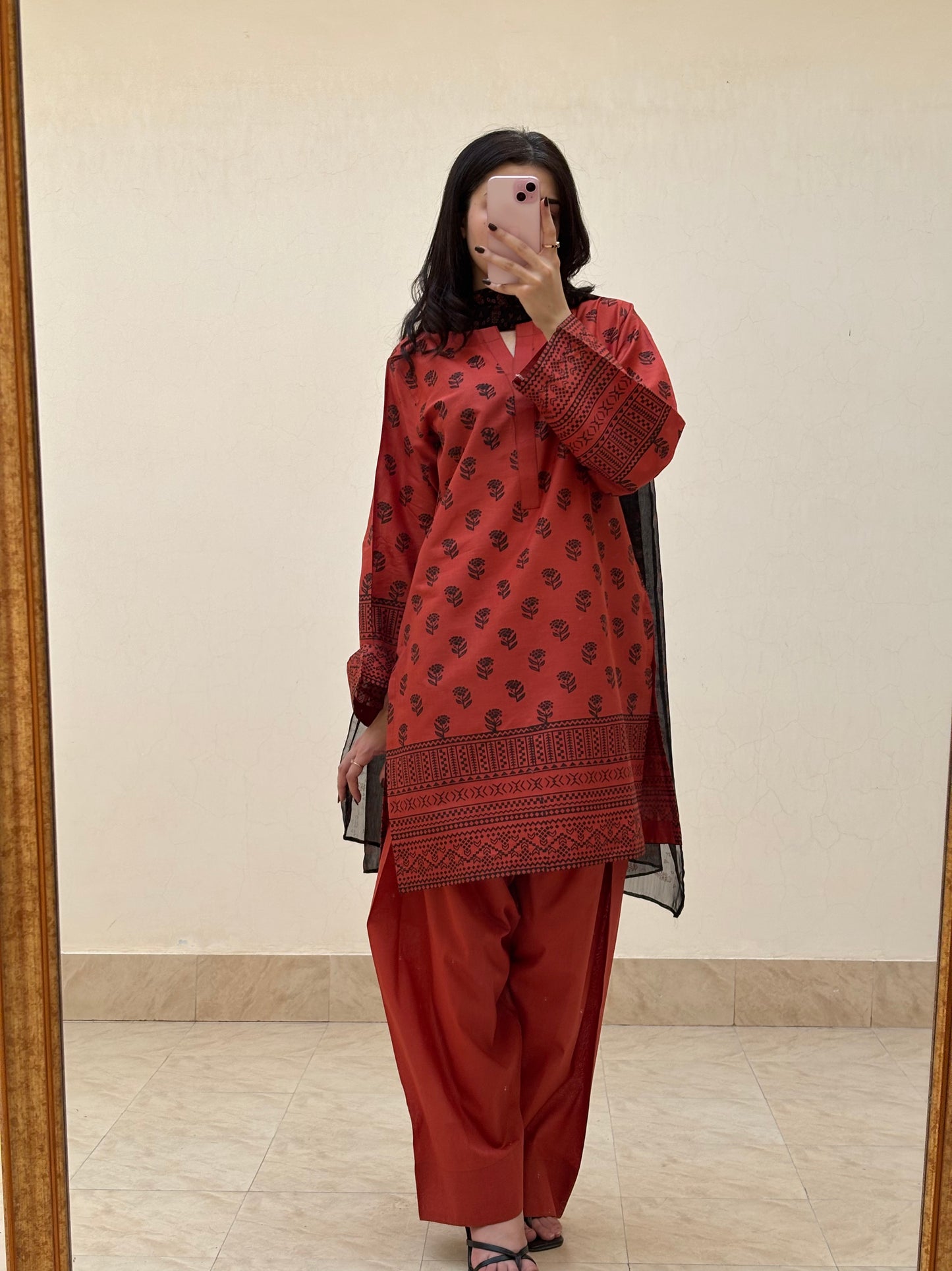 Lawn stitched 3 pc Block printed suit- Rusty