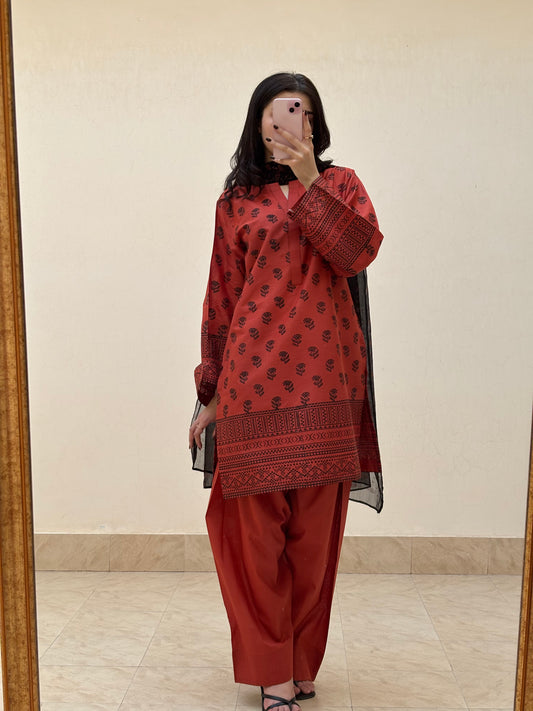 Lawn stitched 3 pc Block printed suit- Rusty