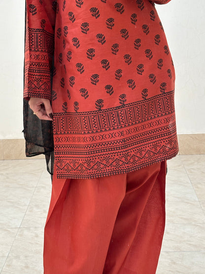 Lawn stitched 3 pc Block printed suit- Rusty