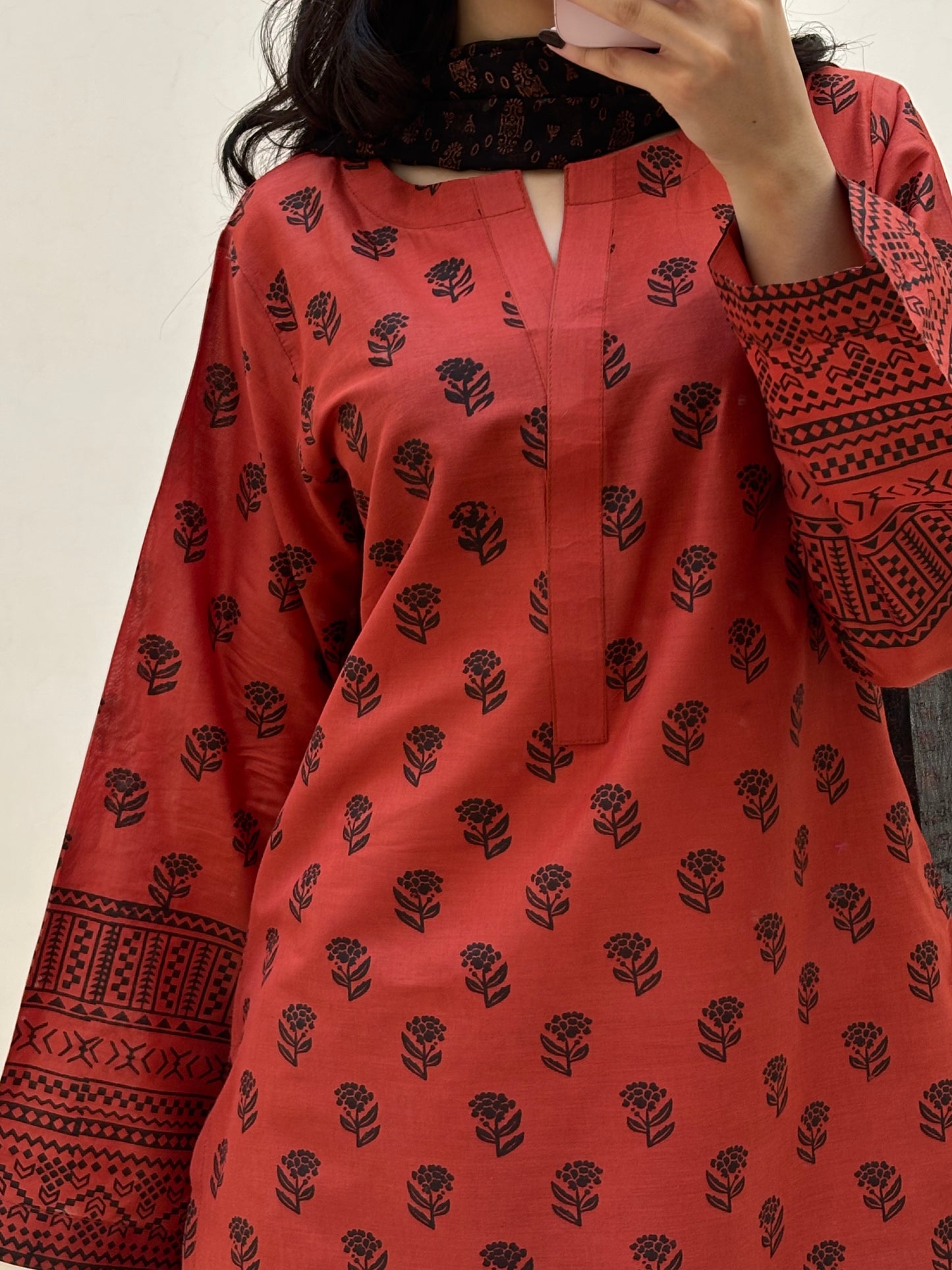 Lawn stitched 3 pc Block printed suit- Rusty