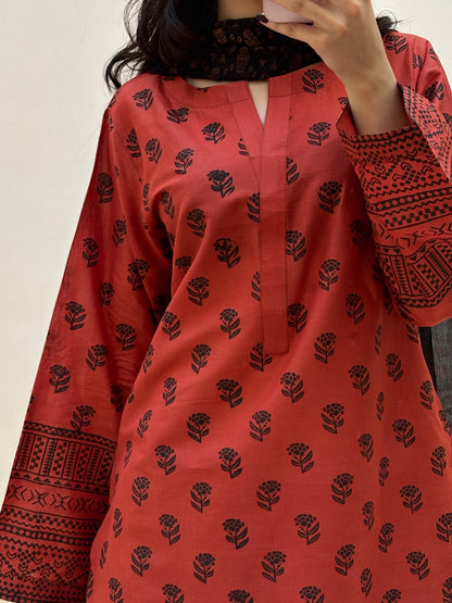 Lawn stitched 3 pc Block printed suit- Rusty