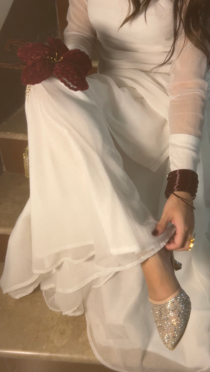 3pc Hand pure white Chiffon suit- SAJAL