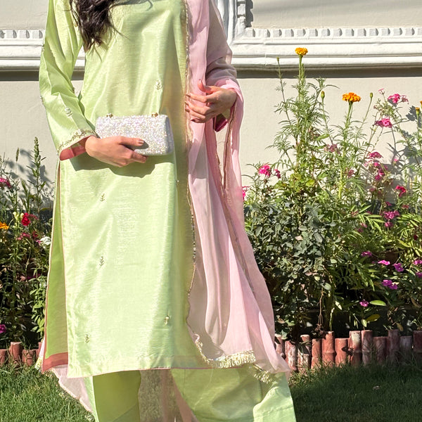 3pc Hand Embroidered Silk Suit- Pistachio
