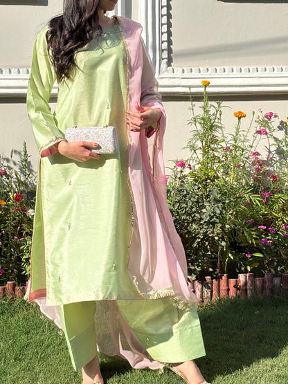 3pc Hand Embroidered Silk Suit- Pistachio