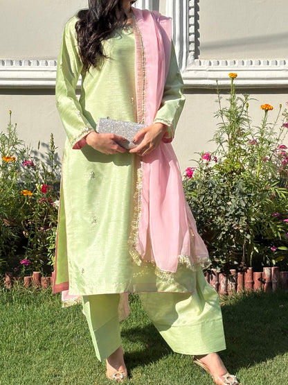 3pc Hand Embroidered Silk Suit- Pistachio