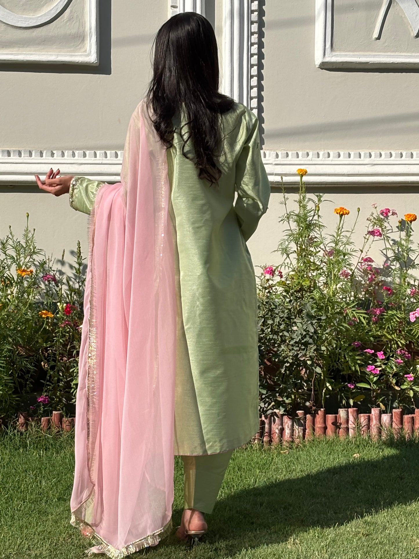 3pc Hand Embroidered Silk Suit- Pistachio