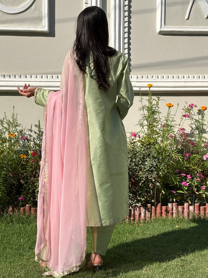 3pc Hand Embroidered Silk Suit- Pistachio