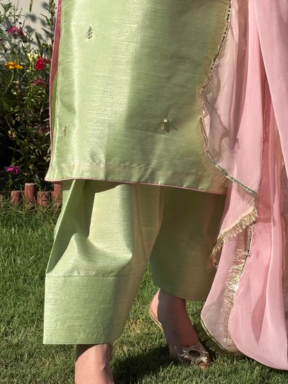 3pc Hand Embroidered Silk Suit- Pistachio
