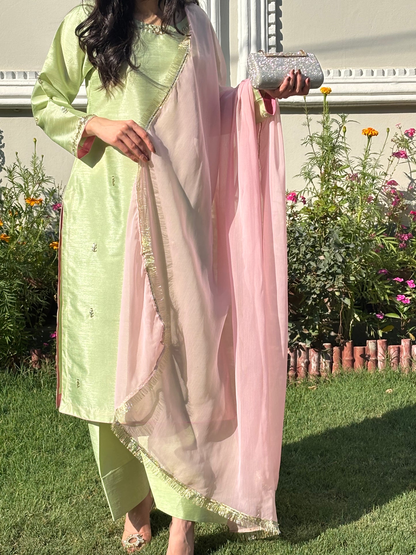 3pc Hand Embroidered Silk Suit- Pistachio