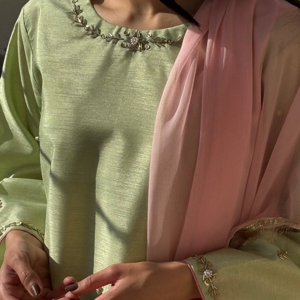 3pc Hand Embroidered Silk Suit- Pistachio