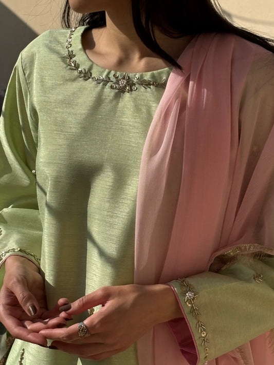 3pc Hand Embroidered Silk Suit- Pistachio