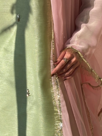 3pc Hand Embroidered Silk Suit- Pistachio