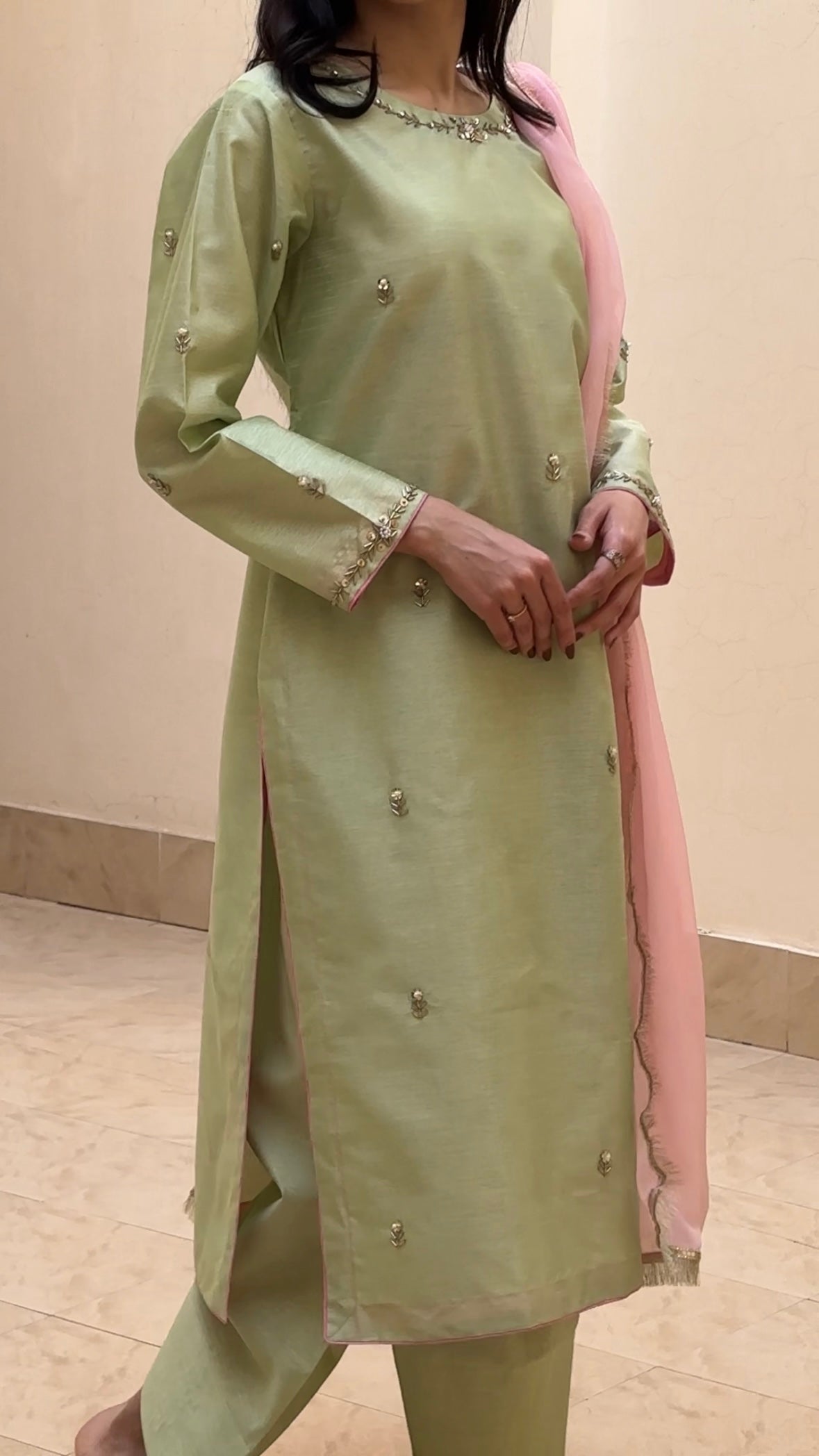 3pc Hand Embroidered Silk Suit- Pistachio