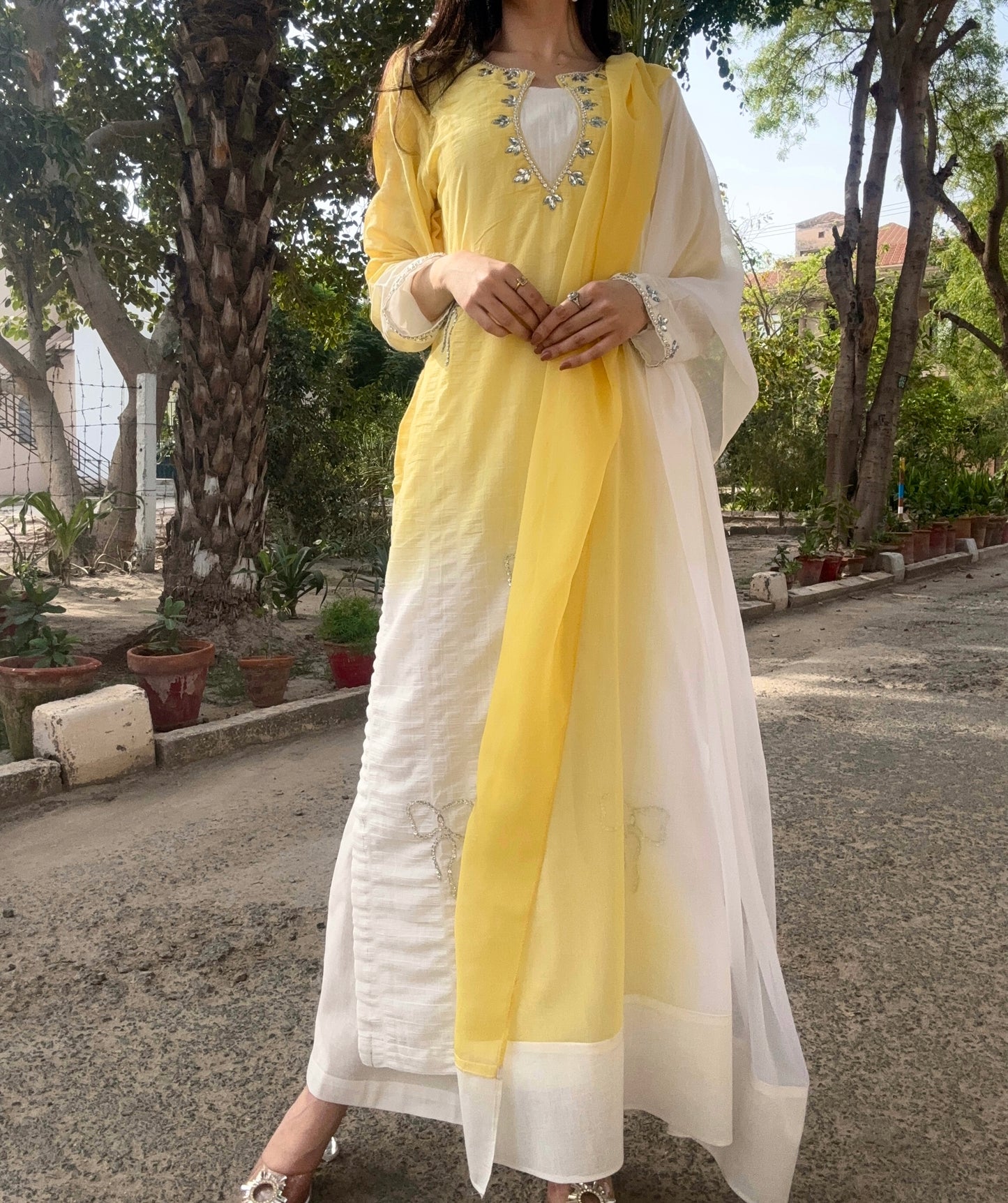 3pc Hand Embroidered Pure Sooti Suit- Lemon Beauty