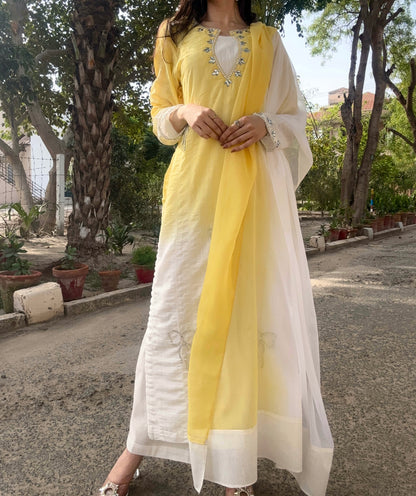 3pc Hand Embroidered Pure Sooti Suit- Lemon Beauty